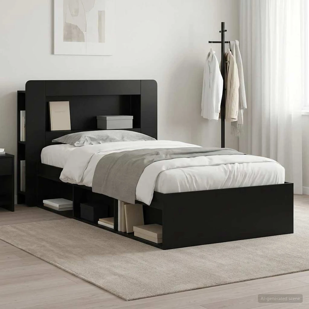 Lova Lovos rėmas su saugojimu Juoda 90 x 190 cm Apdirbta mediena