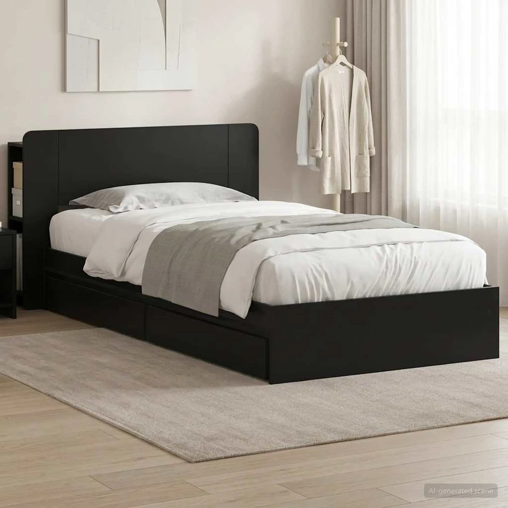 Lova Lovos rėmas su saugojimu Juoda 90 x 190 cm Apdirbta mediena