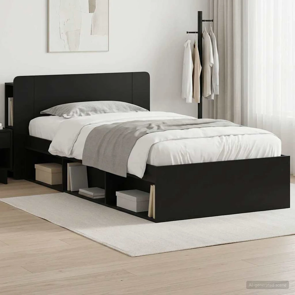 Lova Lovos rėmas su saugojimu Juoda 90 x 200 cm Apdirbta mediena