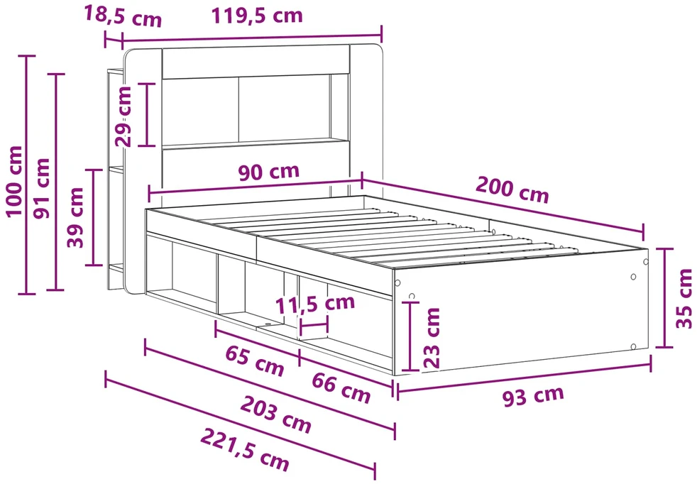 Lova Lovos rėmas su saugojimu Juoda 90 x 200 cm Apdirbta mediena