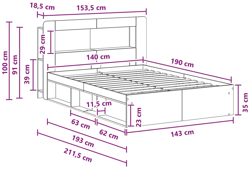 Lovos rėmas su saugojimu Pilka Sonoma 140 x 190 cm