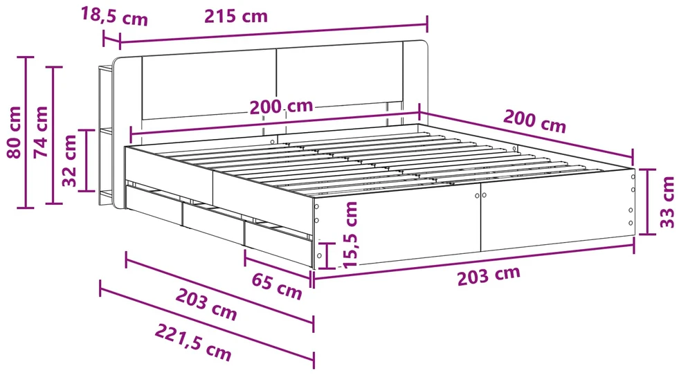 Lovos rėmas su saugojimu ir nugara Pilka Sonoma 200 x 200 cm