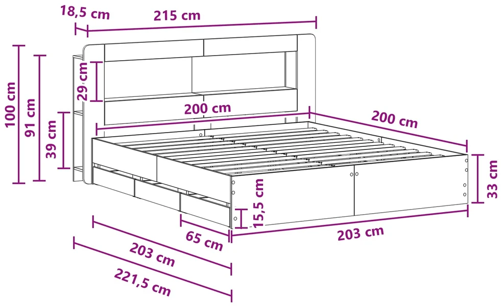 Lovos rėmas su saugojimu ir nugara Pilka Sonoma 200 x 200 cm