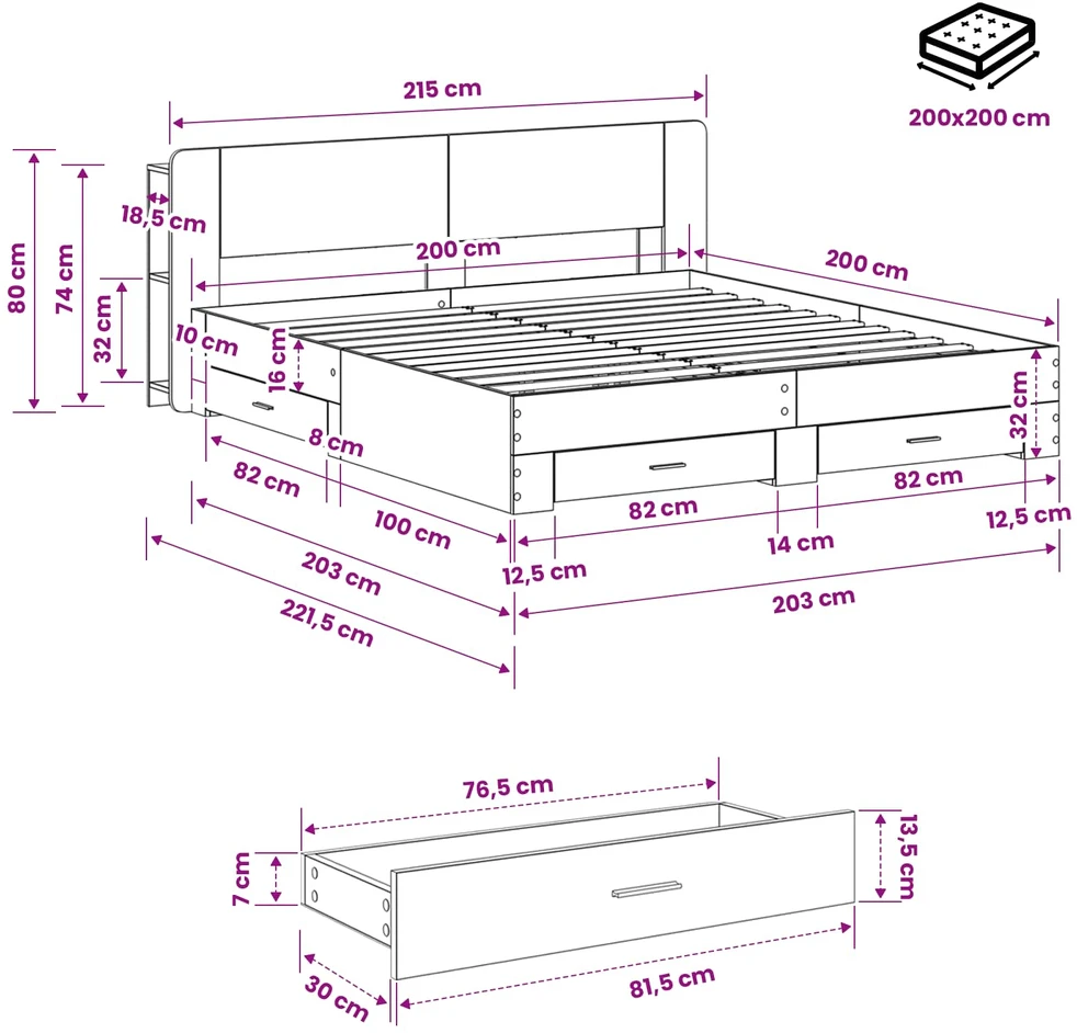 Lovos rėmas su saugojimu Pilka Sonoma 200 x 200 cm