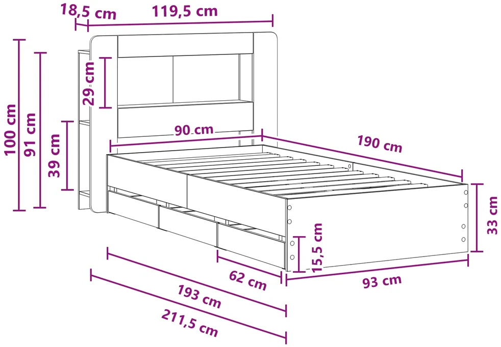 Lova Lovos rėmas su saugojimu ir nugara Betono pilka 90 x 190 cm