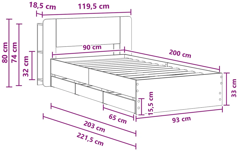 Lova Lovos rėmas su saugojimu ir nugara Pilka Sonoma 90 x 200 cm