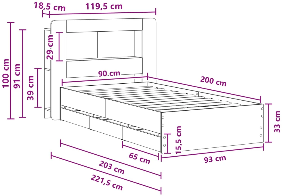 Lova Lovos rėmas su saugojimu ir nugara Pilka Sonoma 90 x 200 cm