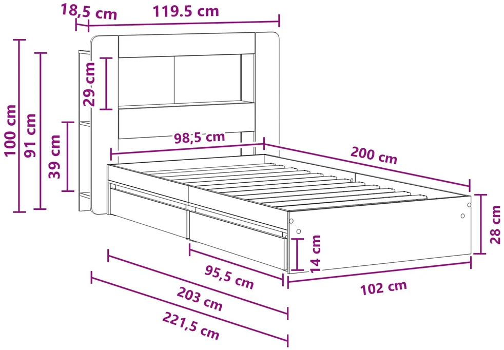 Lova Lovos rėmas su saugojimu su stalčių Dūminio ąžuolo 100 x 200 cm