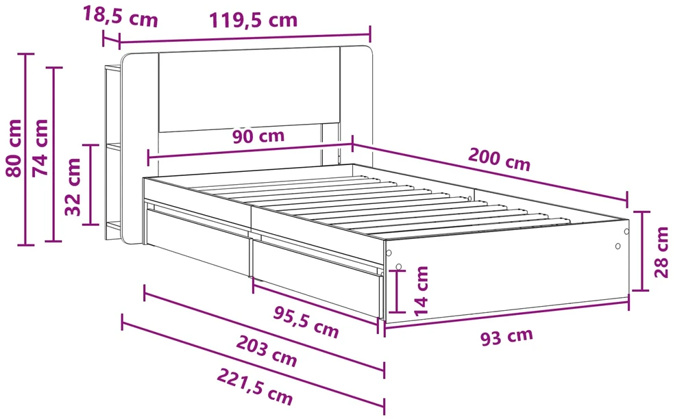 Lova Lovos rėmas su saugojimu su stalčių Dūminio ąžuolo 90 x 200 cm