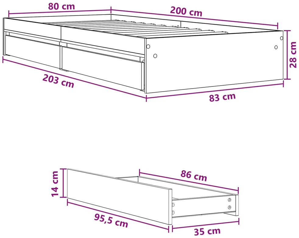 Lova Lovos rėmas su saugojimu su stalčių Juodojo ąžuolo 80 x 200 cm