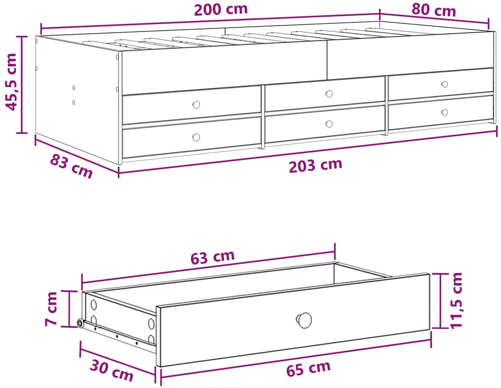 Lova Lovos rėmas su saugojimu su stalčių Juodojo ąžuolo 80 x 200 cm