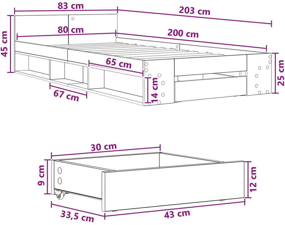 Lova Lovos rėmas su saugojimu su stalčių Pilka Sonoma 80 x 200 cm
