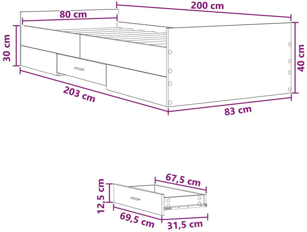 Lova Lovos rėmas su saugojimu su stalčių Sonoma ąžuolas 80 x 200 cm
