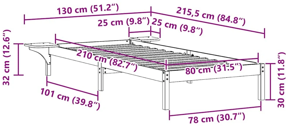 Lova Lovos rėmas su šoninėmis stalelėmis Balta 80 x 210 cm