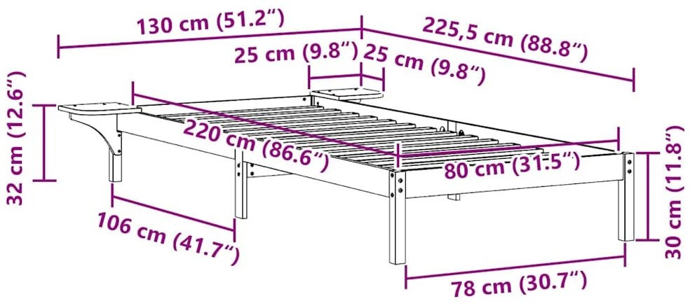 Lova Lovos rėmas su šoninėmis stalelėmis Balta 80 x 220 cm