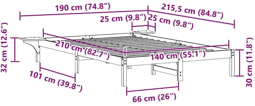 Lova Lovos rėmas su šoninėmis stalelėmis Balta 140 x 210 cm