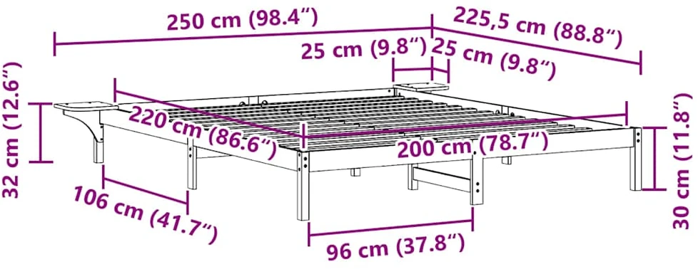 Lova Lovos rėmas su šoninėmis stalelėmis Vaško ruda 200 x 220 cm