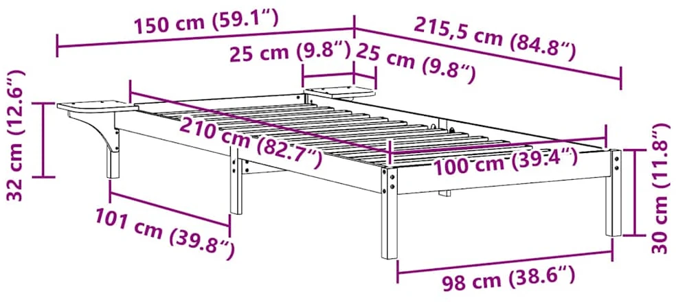 Lova Lovos rėmas su šoninėmis stalelėmis Vaško ruda 100 x 210 cm