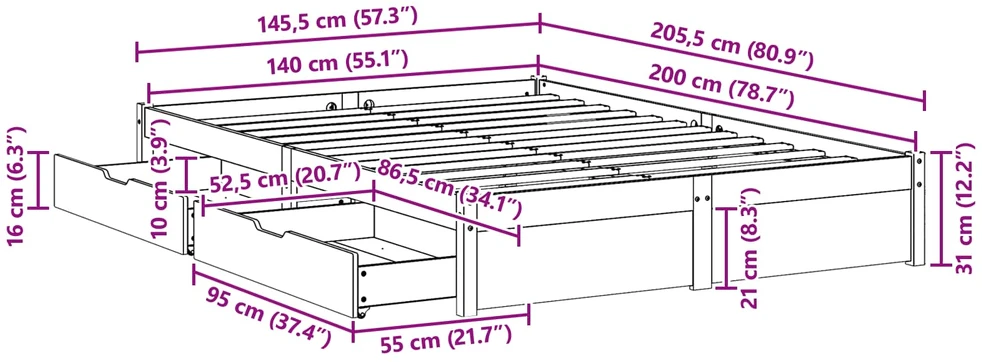 Lovos rėmas su ratu Vaško ruda 140 x 200 cm Kietas pušies medis