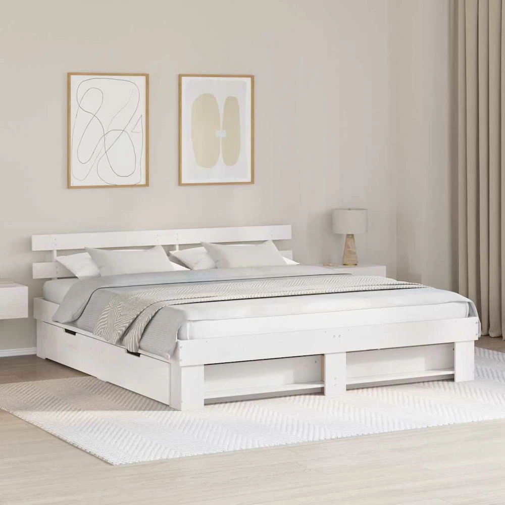 Lovos rėmas su stalčių Balta 180 x 200 cm Kietos pušies mediena