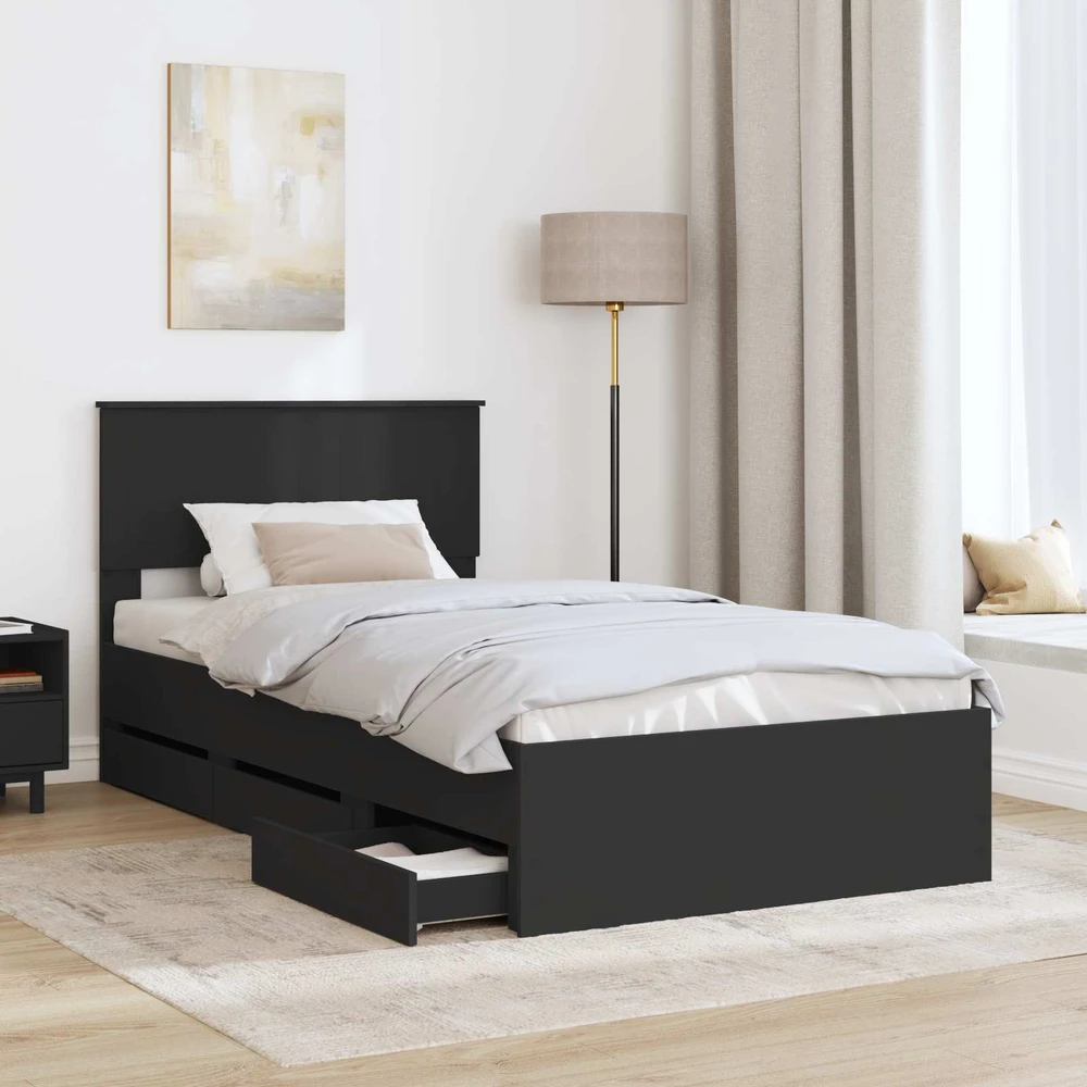 Lova Lovos rėmas su stalčių Juoda 100 x 200 cm Inžinerinė mediena
