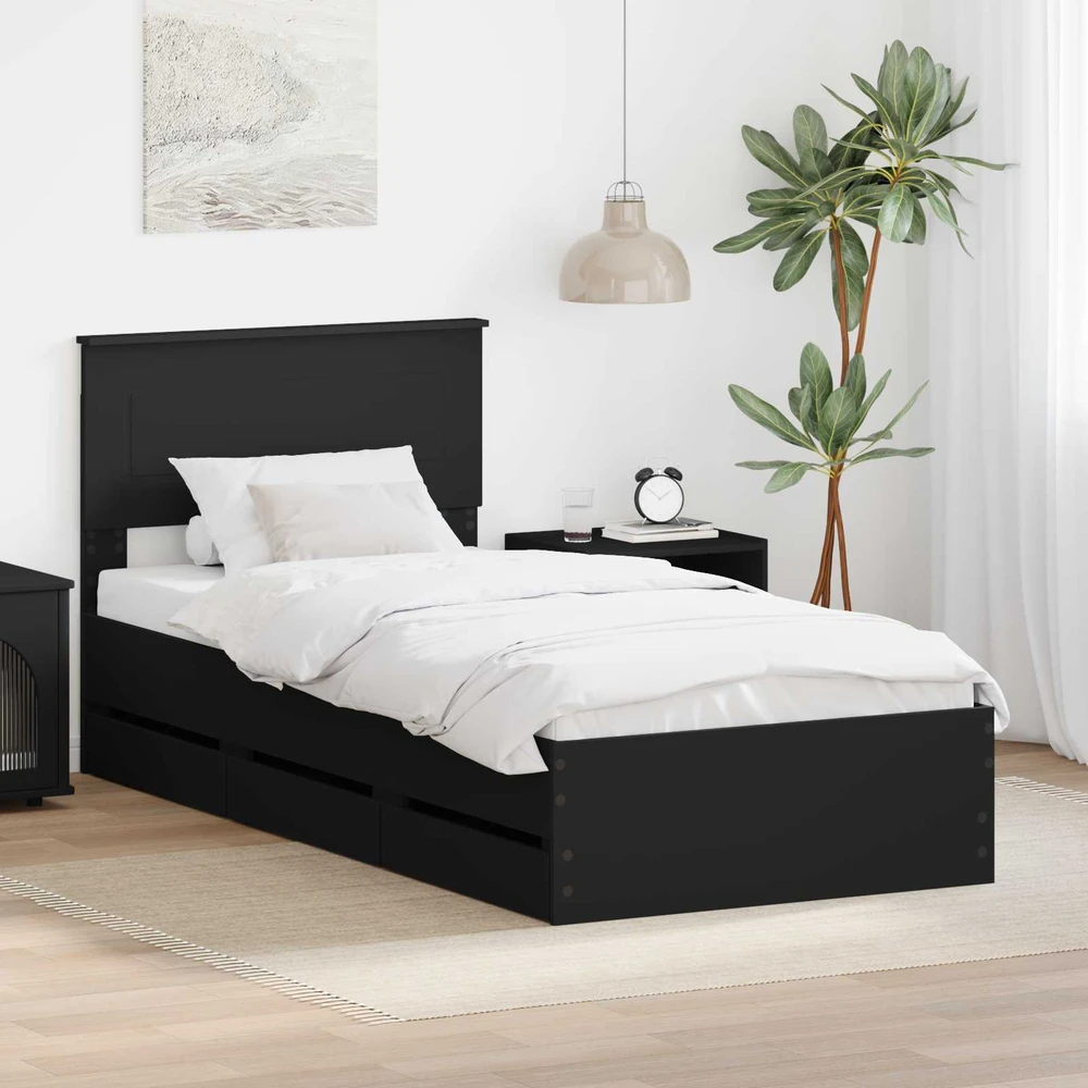 Lova Lovos rėmas su stalčių Juoda 90 x 190 cm Inžinerinė mediena
