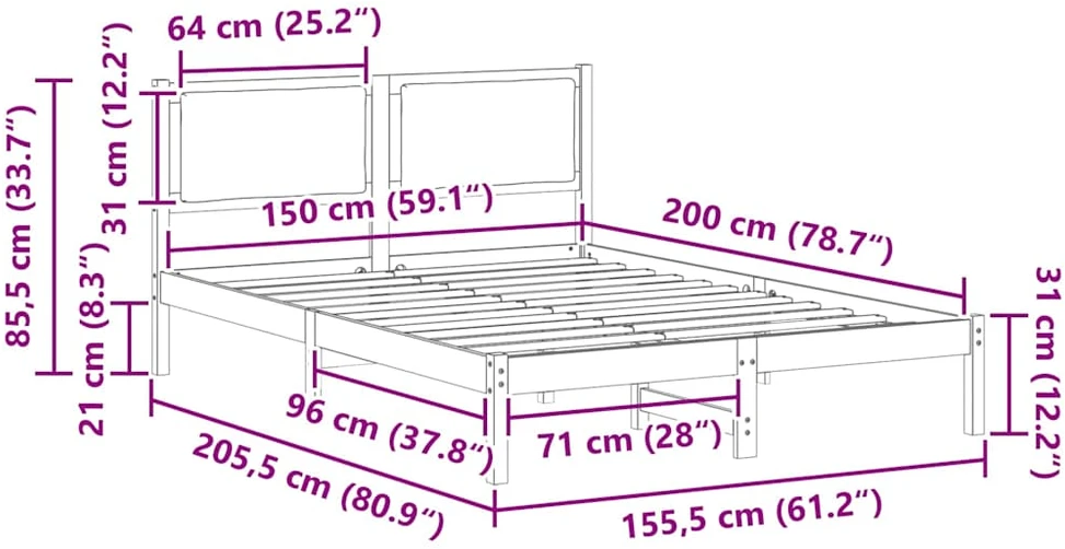 Lovos rėmas Šviesiai pilka 150 x 200 cm Kietos pušies mediena