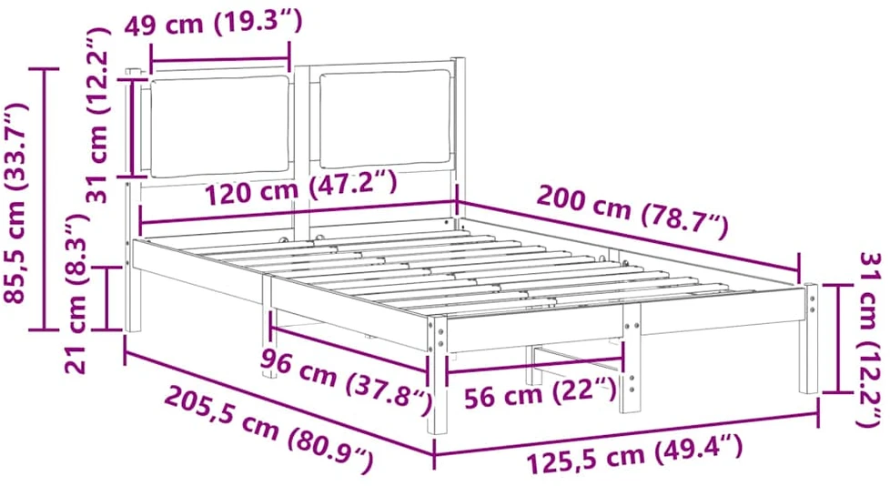Lova Lovos rėmas Tortora 120 x 200 cm Kietos pušies mediena