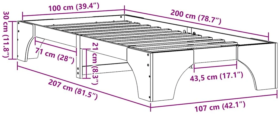 Lova Lovos rėmas Vaško ruda 100 x 200 cm Kietos pušies mediena
