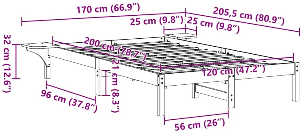 Lova Lovos rėmas Vaško ruda 120 x 200 cm Kietos pušies mediena