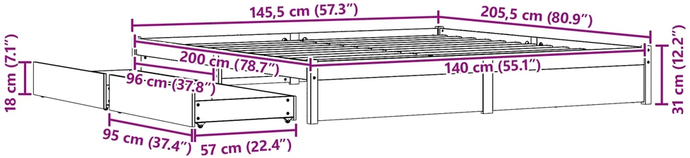 Lovos rėmas su ratu Vaško ruda 140 x 200 cm Kietas pušies medis