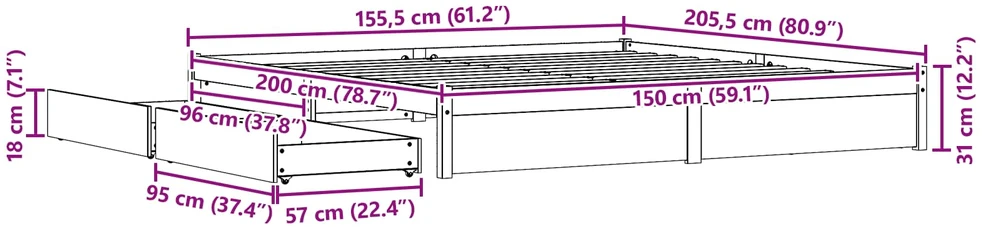 Lovos rėmas su ratu Vaško ruda 150 x 200 cm Kietas pušies medis