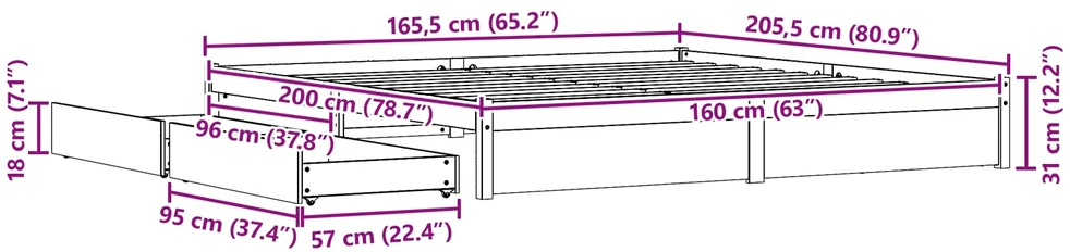 Lovos rėmas su ratu Vaško ruda 160 x 200 cm Kietas pušies medis