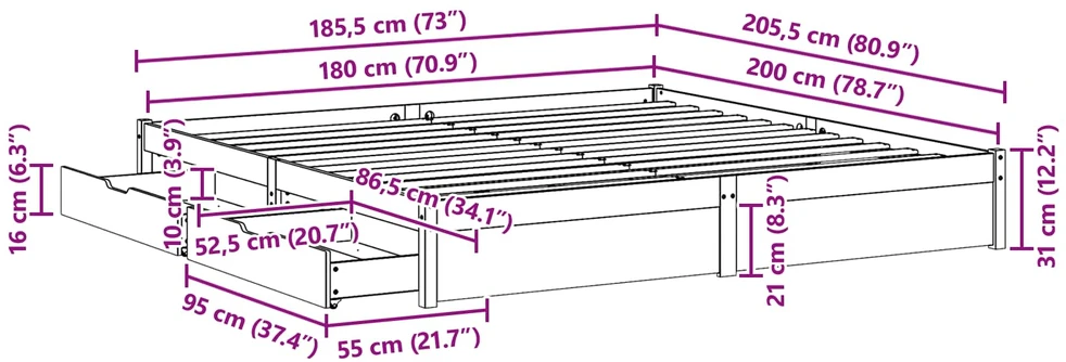 Lovos rėmas su ratu Vaško ruda 180 x 200 cm Kietas pušies medis