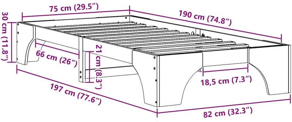 Lova Lovos rėmas Vaško ruda 75 x 190 cm Kietos pušies mediena