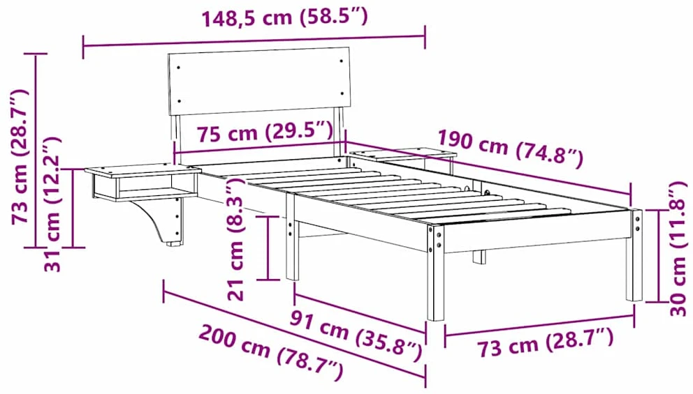 Lova Lovos rėmas Vaško ruda 75 x 190 cm Kietos pušies mediena