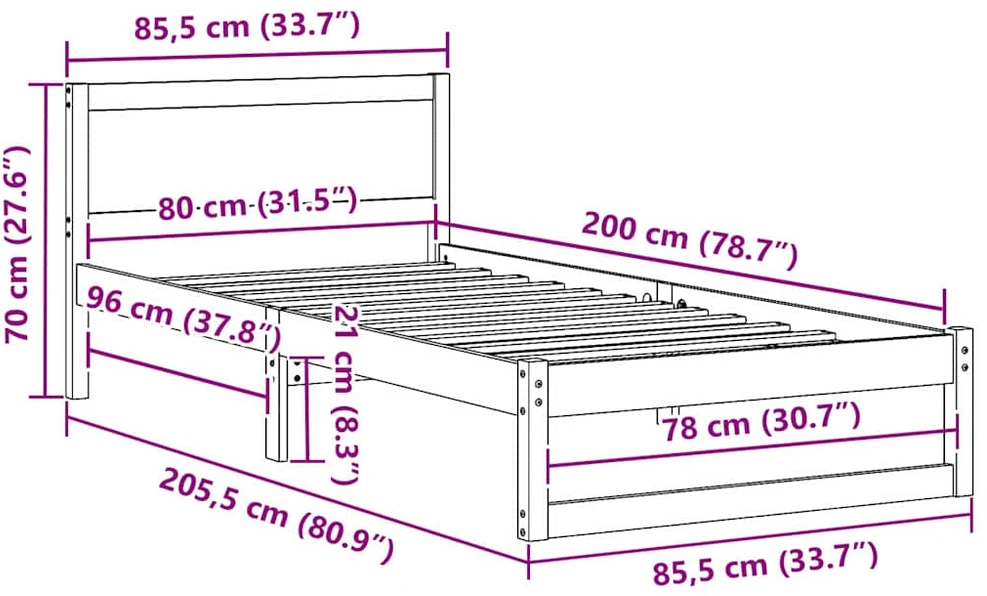 Lova Lovos rėmas Vaško ruda 80 x 200 cm Kietos pušies mediena