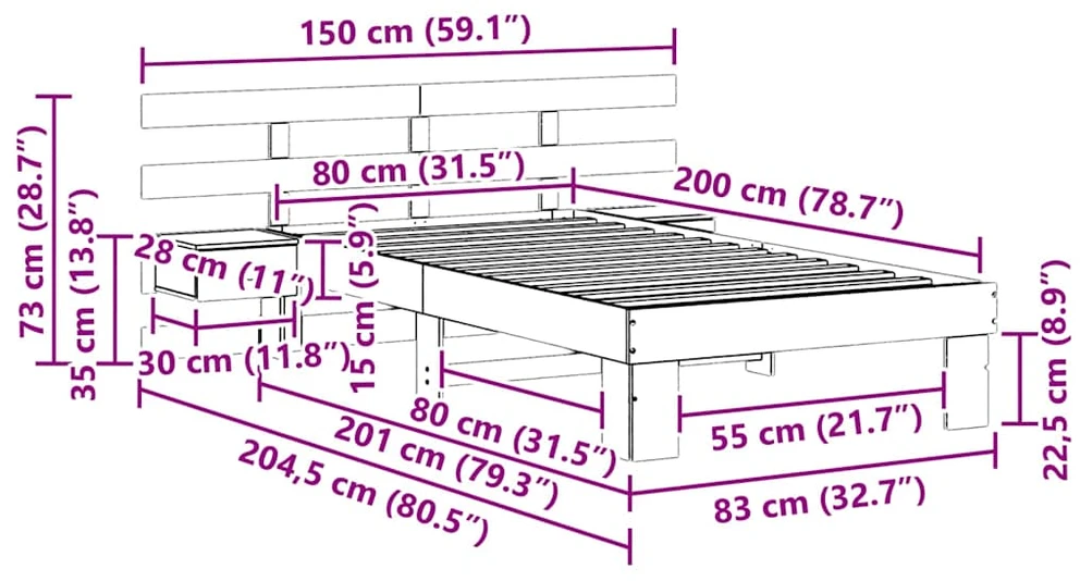 Lova Lovos rėmas Vaško ruda 80 x 200 cm Kietos pušies mediena