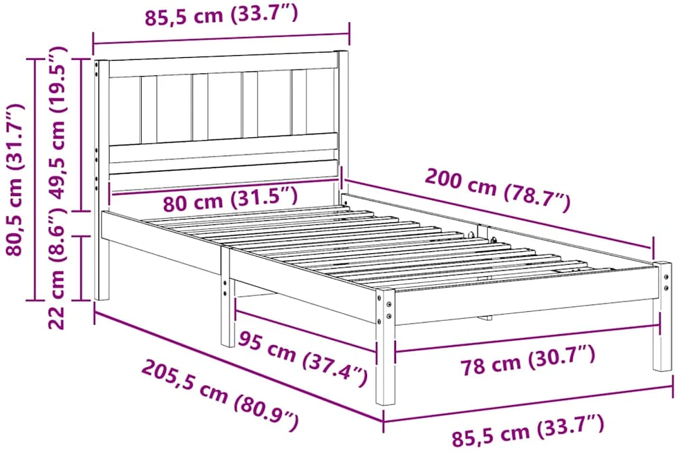 Lova Lovos rėmas Vaško ruda 80 x 200 cm Kietos pušies mediena