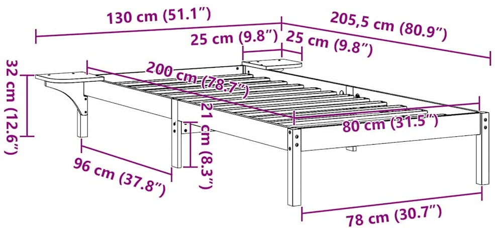 Lova Lovos rėmas Vaško ruda 80 x 200 cm Kietos pušies mediena