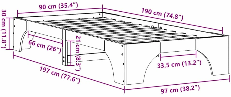 Lovos rėmas Vaško ruda 90 x 190 cm Kietos pušies mediena