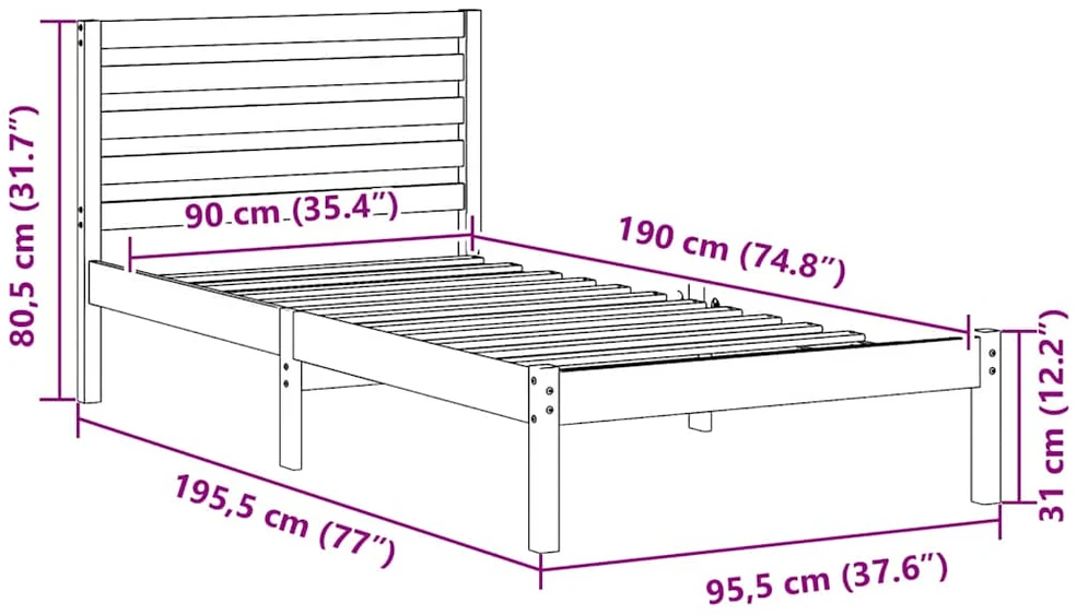 Lova Lovos rėmas Vaško ruda 90 x 190 cm Kietos pušies mediena