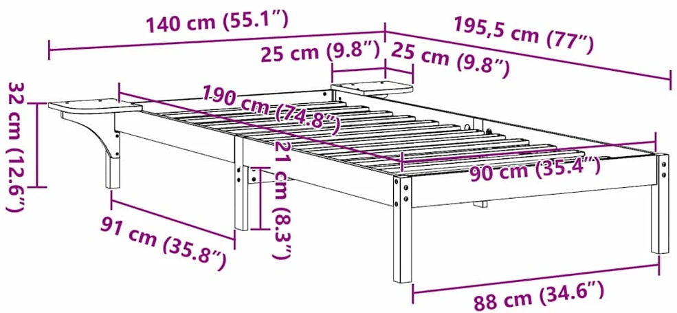 Lova Lovos rėmas Vaško ruda 90 x 190 cm Kietos pušies mediena