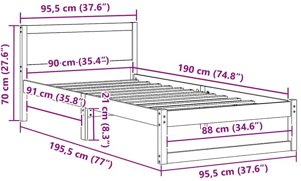 Lova Lovos rėmas Vaško ruda 90 x 190 cm Kietos pušies mediena
