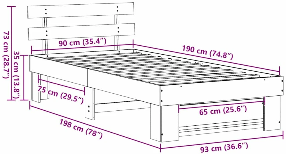 Lova Lovos rėmas Vaško ruda 90 x 190 cm Kietos pušies mediena