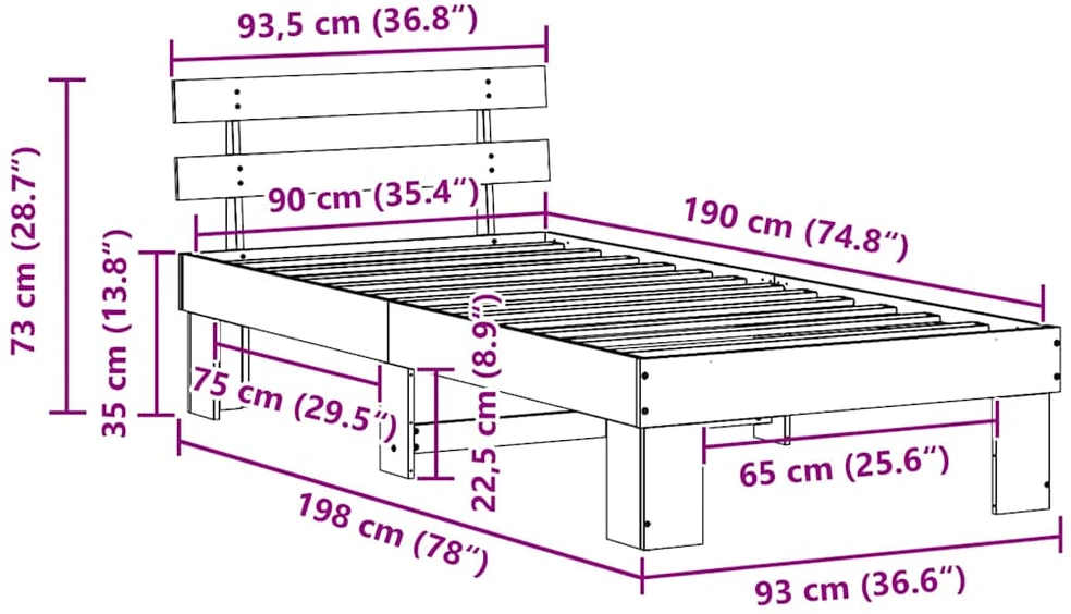 Lovos rėmas Vaško ruda 90 x 190 cm Kietos pušies mediena
