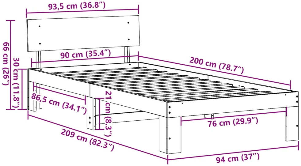 Lovos rėmas Vaško ruda 90 x 200 cm Kietos pušies mediena