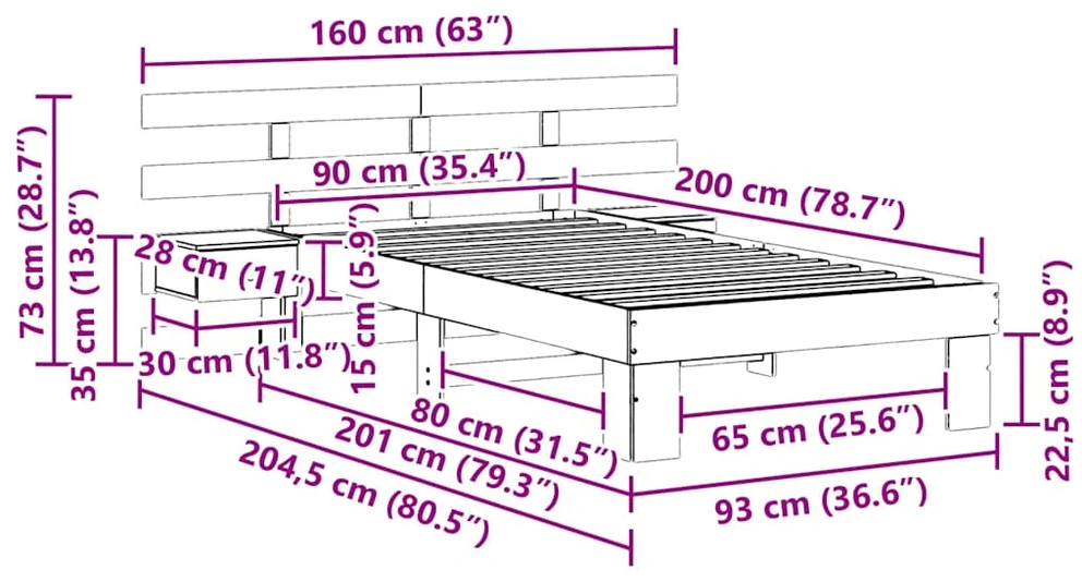 Lova Lovos rėmas Vaško ruda 90 x 200 cm Kietos pušies mediena