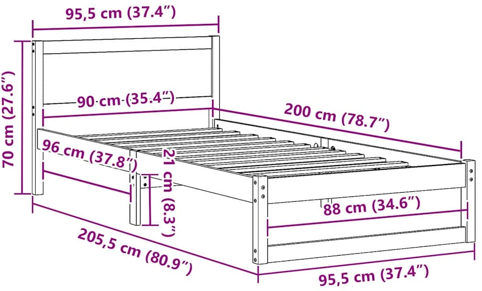 Lova Lovos rėmas Vaško ruda 90 x 200 cm Kietos pušies mediena