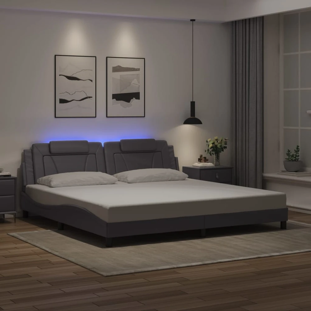 Lovos rėmas su LED, pilkos spalvos, 200x200cm, dirbtinė oda